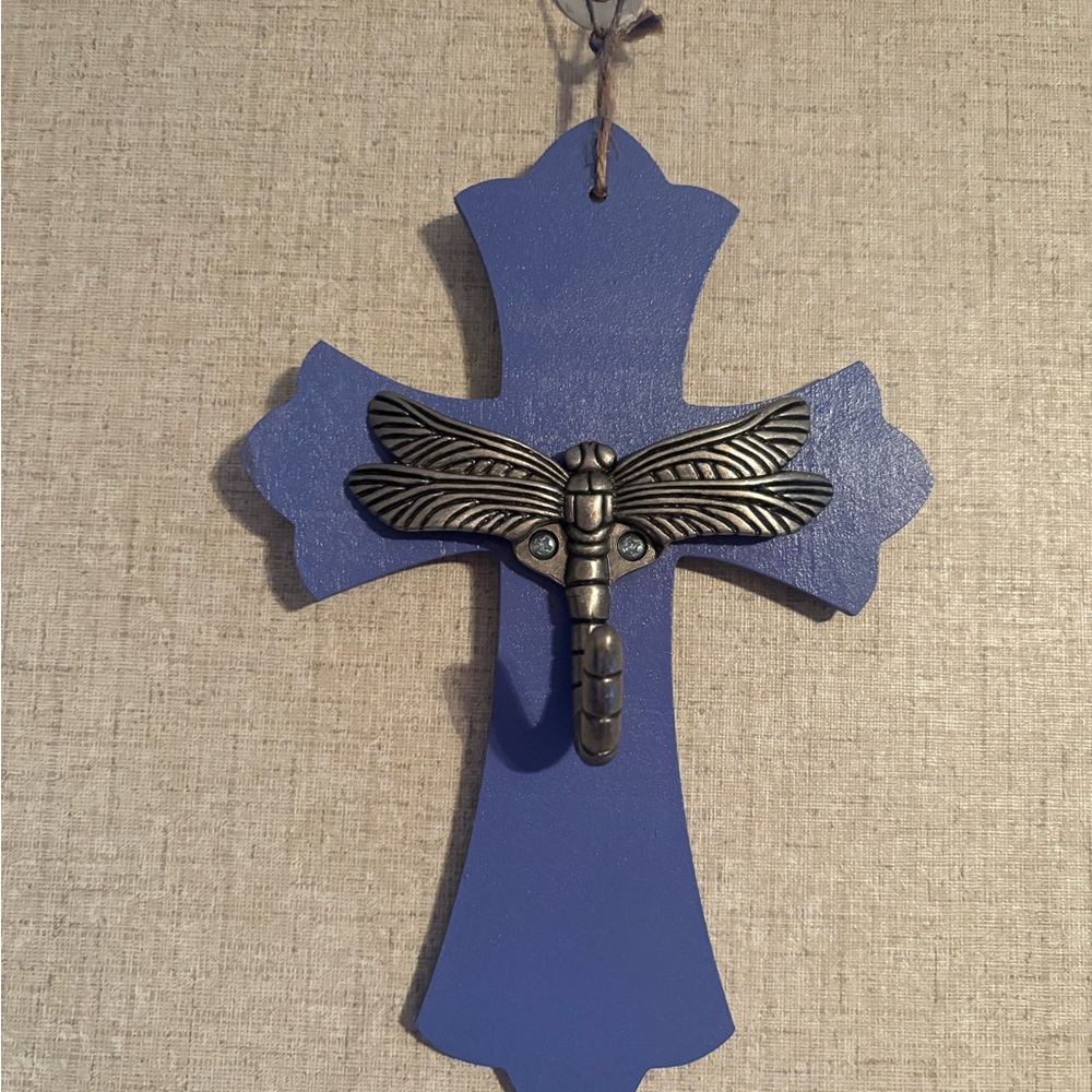 Handmade Purple Cross Wall Decor with Silver Dragonfly wall hanger